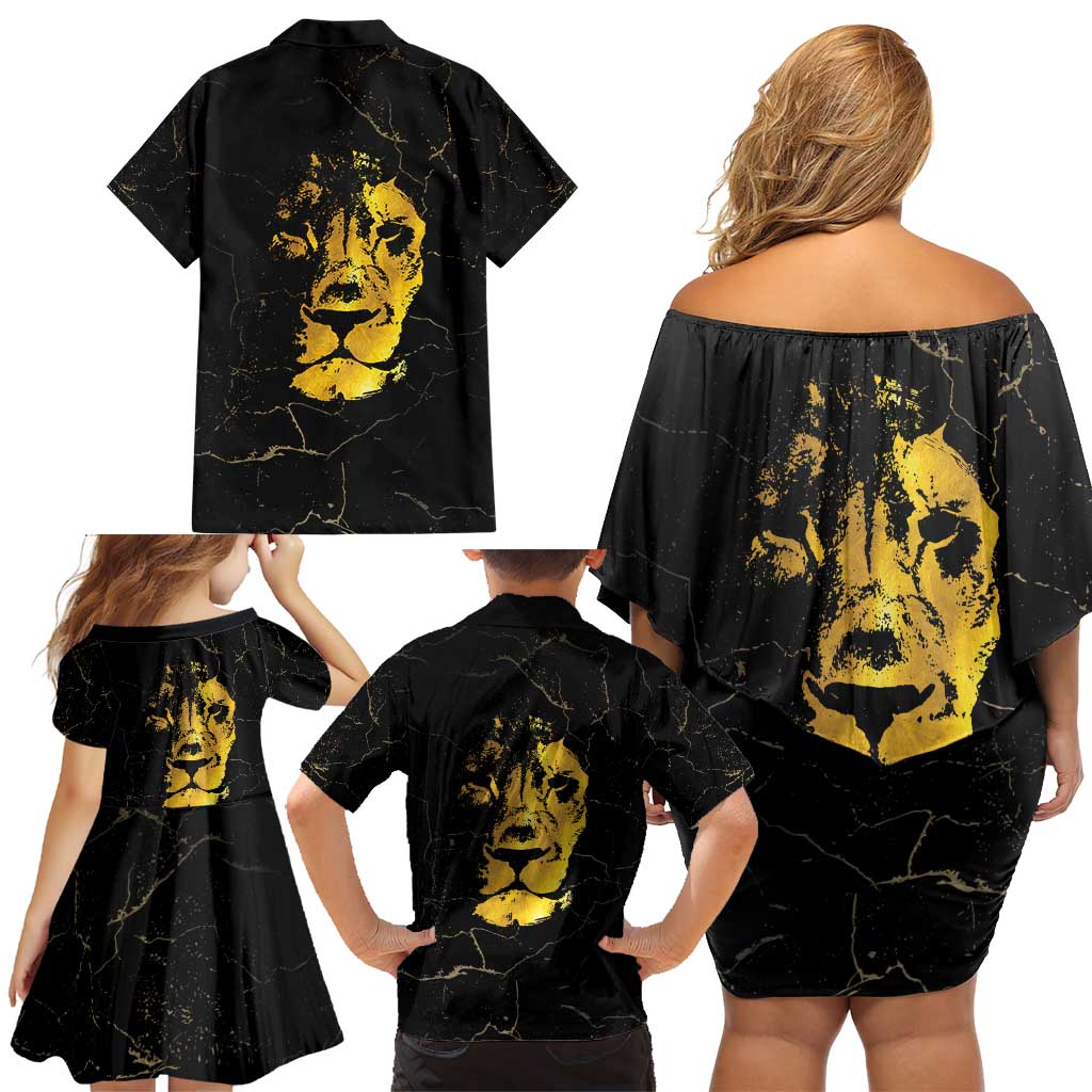 Reggae King Marley Family Matching Off Shoulder Short Dress and Hawaiian Shirt Gold Lion LT05 - Wonder Print Shop
