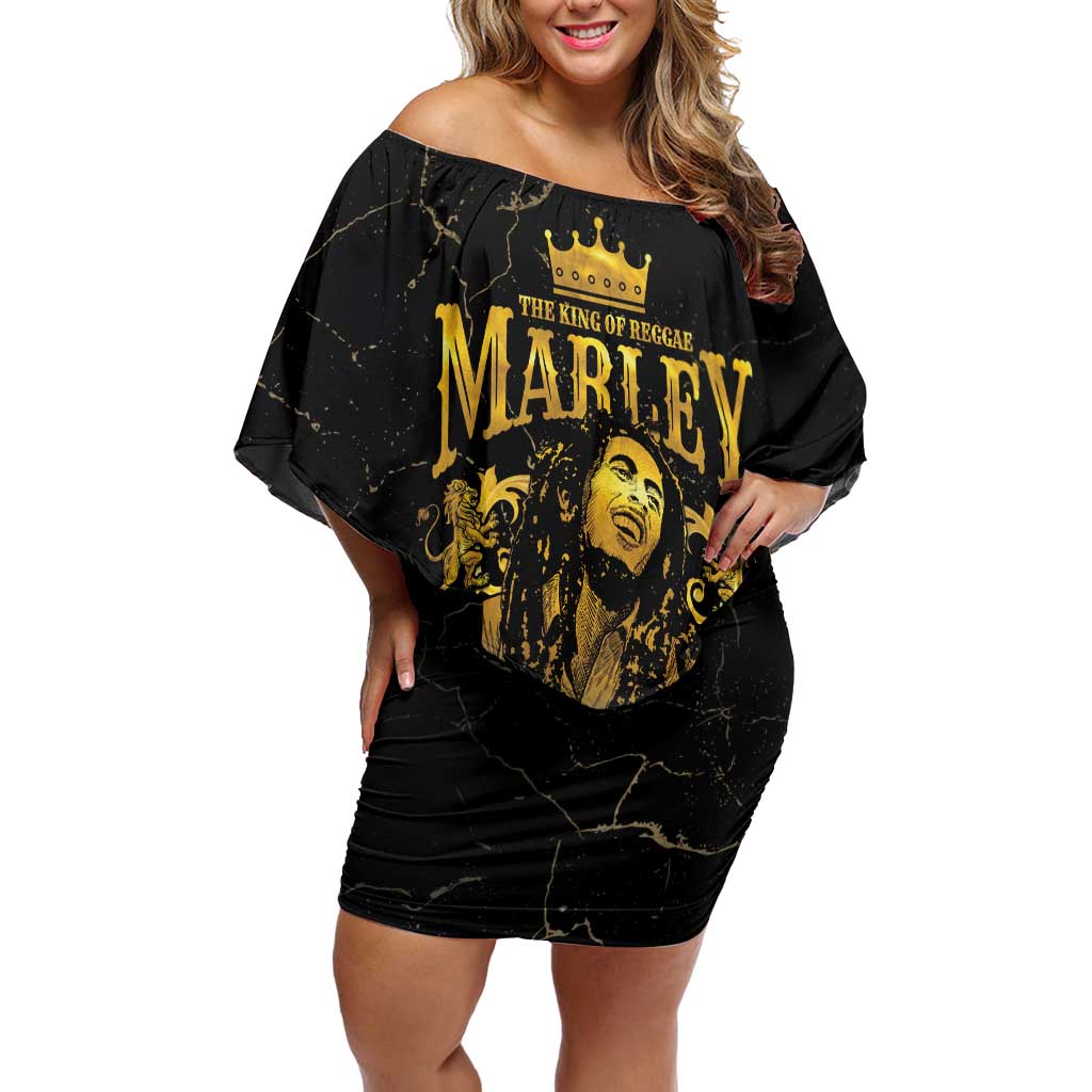 Reggae King Marley Family Matching Off Shoulder Short Dress and Hawaiian Shirt Gold Lion LT05 - Wonder Print Shop