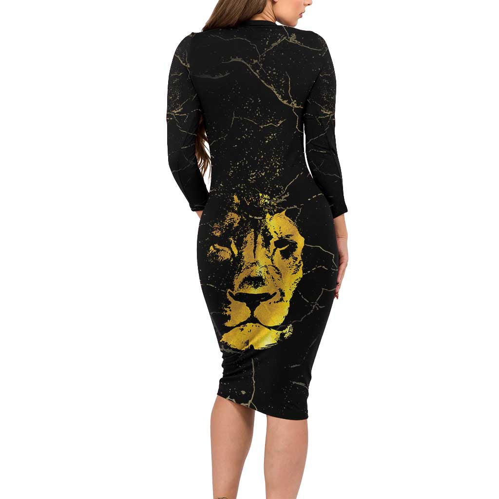 Reggae King Marley Long Sleeve Bodycon Dress Gold Lion LT05 - Wonder Print Shop