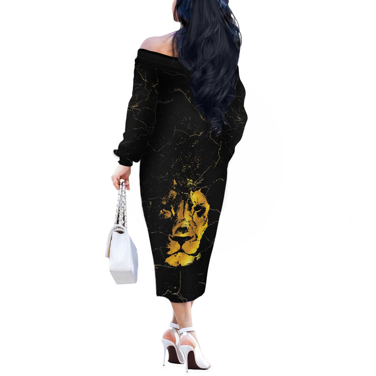 Reggae King Marley Off The Shoulder Long Sleeve Dress Gold Lion LT05 - Wonder Print Shop
