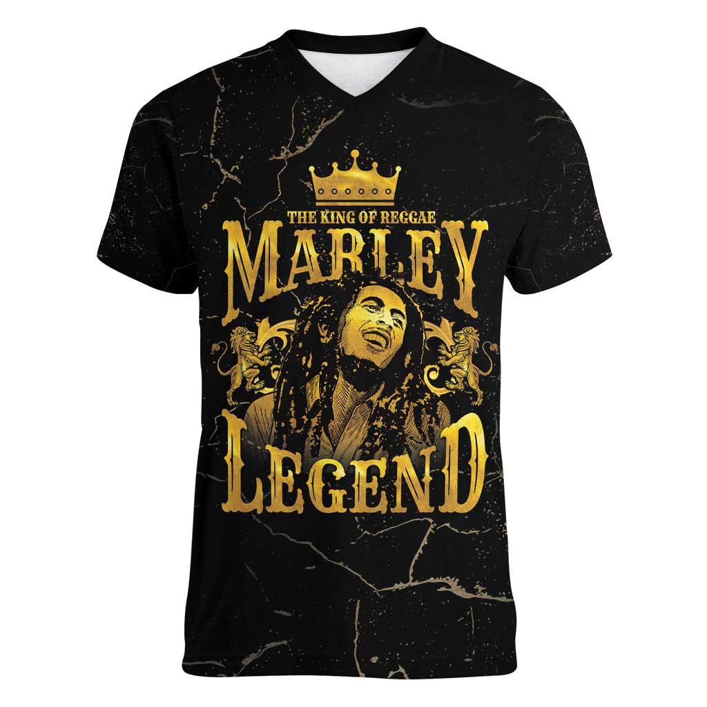 Reggae King Marley Women V-Neck T-Shirt Gold Lion LT05 - Wonder Print Shop