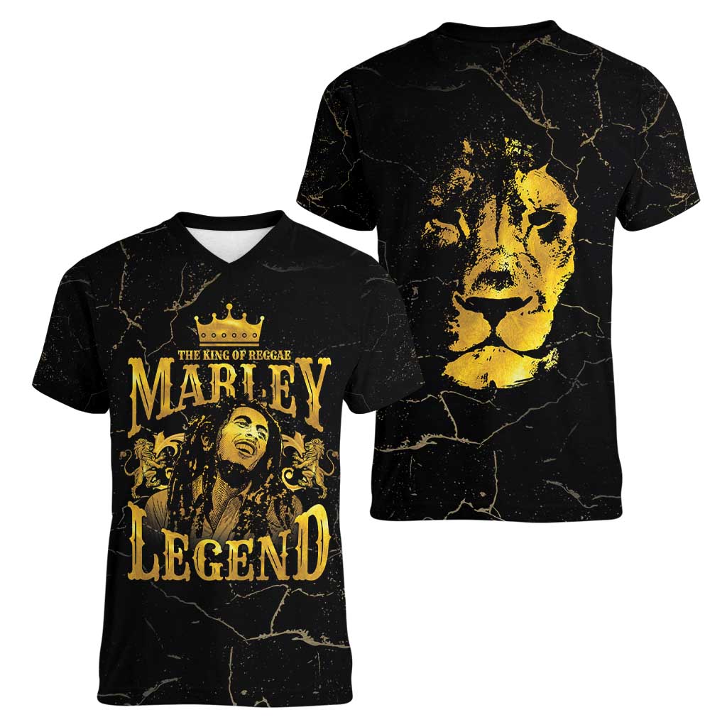 Reggae King Marley Women V-Neck T-Shirt Gold Lion LT05 - Wonder Print Shop