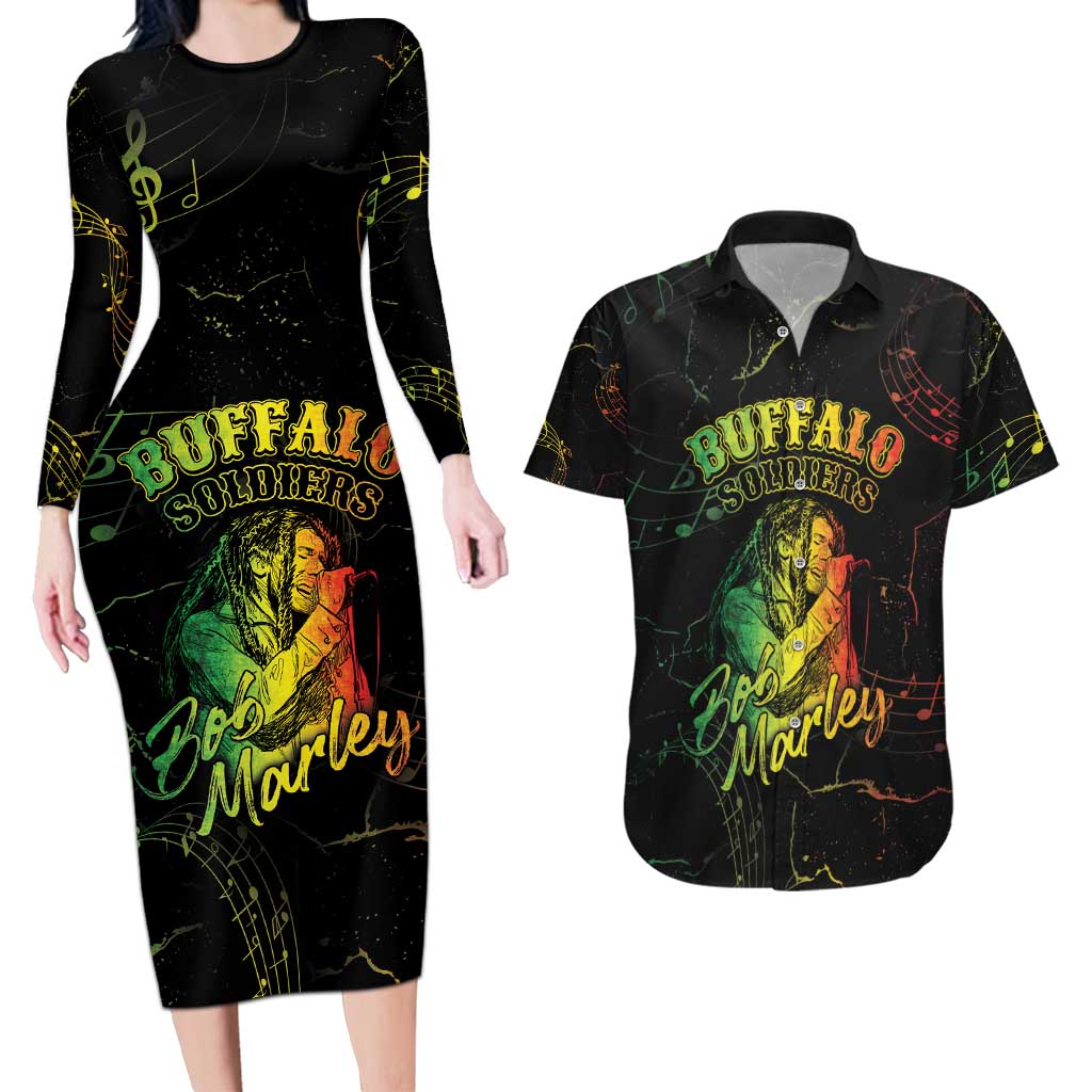 Reggae King Buffalo Soldier Couples Matching Long Sleeve Bodycon Dress and Hawaiian Shirt Honoring The Legend