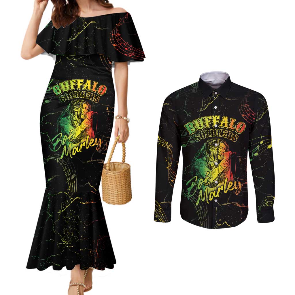 Reggae King Buffalo Soldier Couples Matching Mermaid Dress and Long Sleeve Button Shirt Honoring The Legend