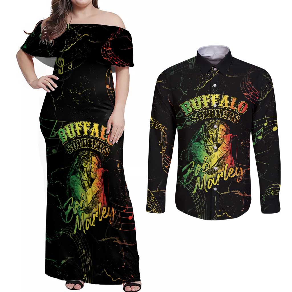 Reggae King Buffalo Soldier Couples Matching Off Shoulder Maxi Dress and Long Sleeve Button Shirt Honoring The Legend