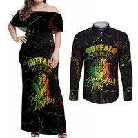 Reggae King Buffalo Soldier Couples Matching Off Shoulder Maxi Dress and Long Sleeve Button Shirt Honoring The Legend