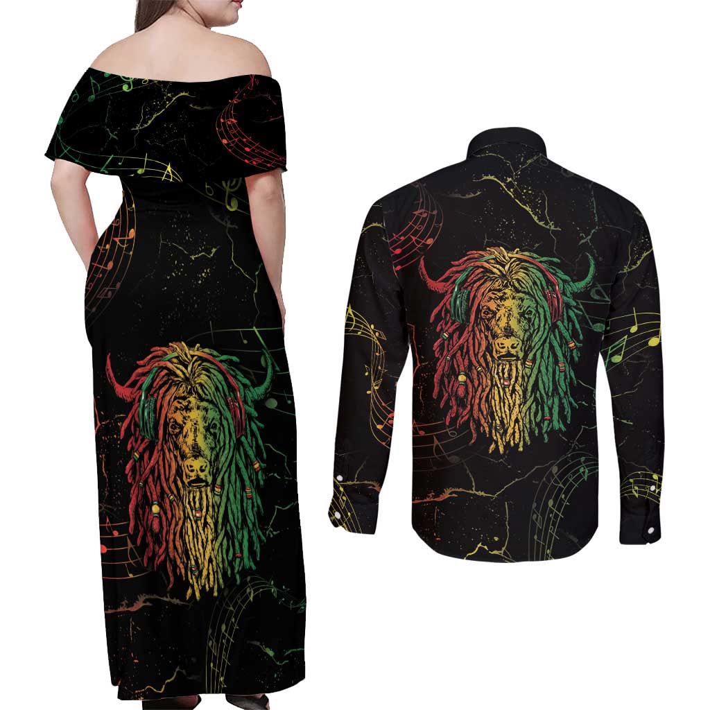 Reggae King Buffalo Soldier Couples Matching Off Shoulder Maxi Dress and Long Sleeve Button Shirt Honoring The Legend