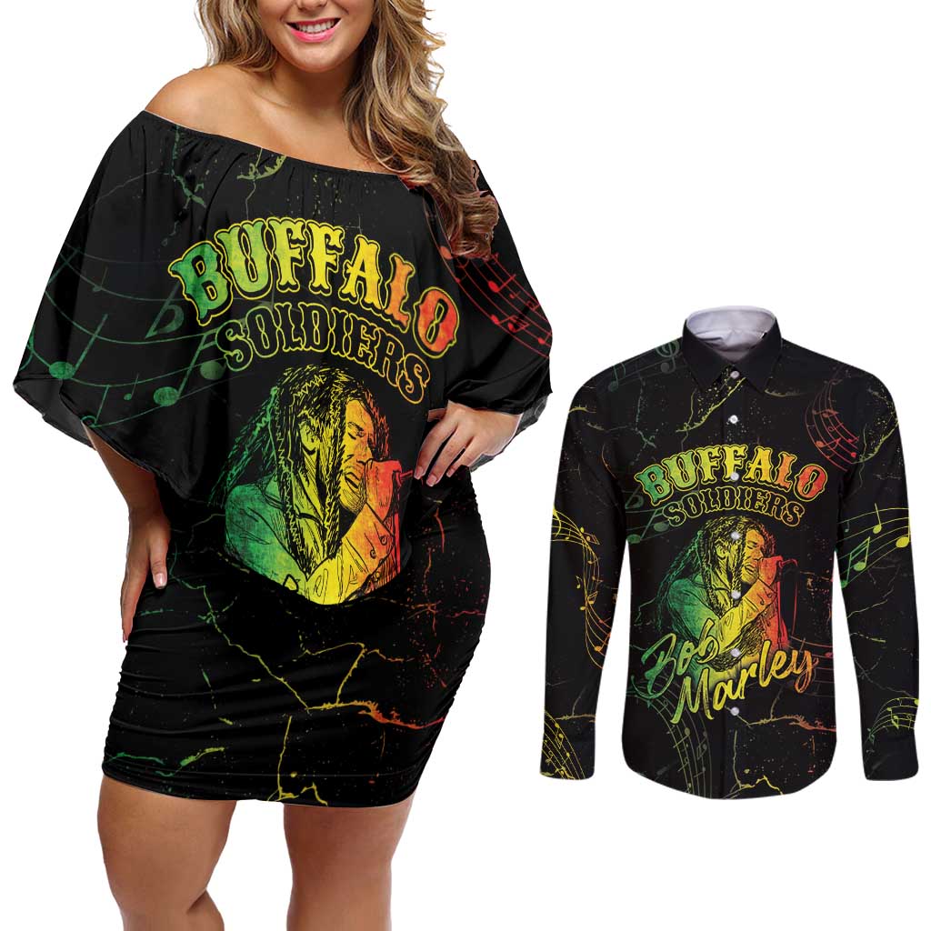 Reggae King Buffalo Soldier Couples Matching Off Shoulder Short Dress and Long Sleeve Button Shirt Honoring The Legend