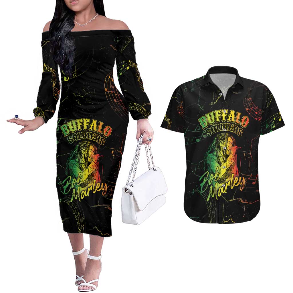 Reggae King Buffalo Soldier Couples Matching Off The Shoulder Long Sleeve Dress and Hawaiian Shirt Honoring The Legend