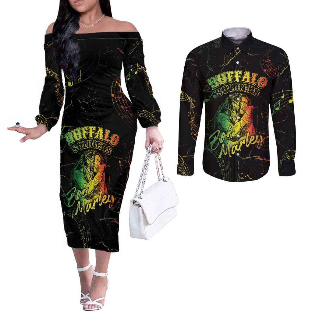 Reggae King Buffalo Soldier Couples Matching Off The Shoulder Long Sleeve Dress and Long Sleeve Button Shirt Honoring The Legend