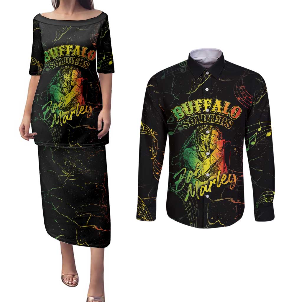 Reggae King Buffalo Soldier Couples Matching Puletasi and Long Sleeve Button Shirt Honoring The Legend