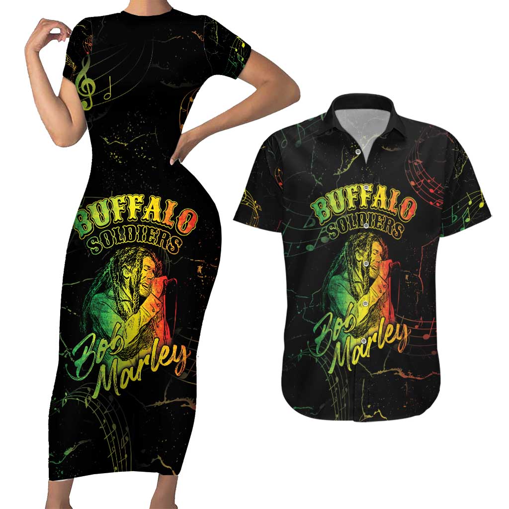 Reggae King Buffalo Soldier Couples Matching Short Sleeve Bodycon Dress and Hawaiian Shirt Honoring The Legend