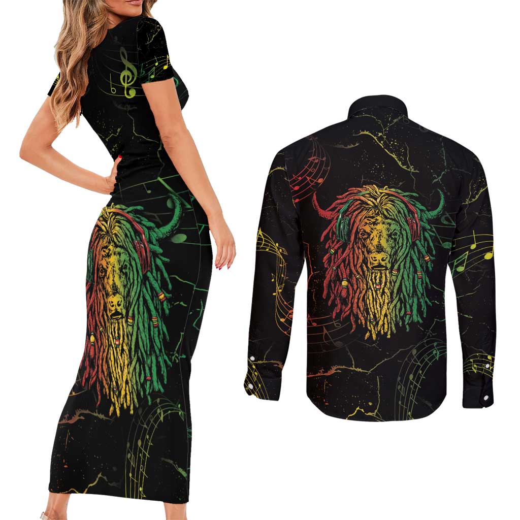 Reggae King Buffalo Soldier Couples Matching Short Sleeve Bodycon Dress and Long Sleeve Button Shirt Honoring The Legend