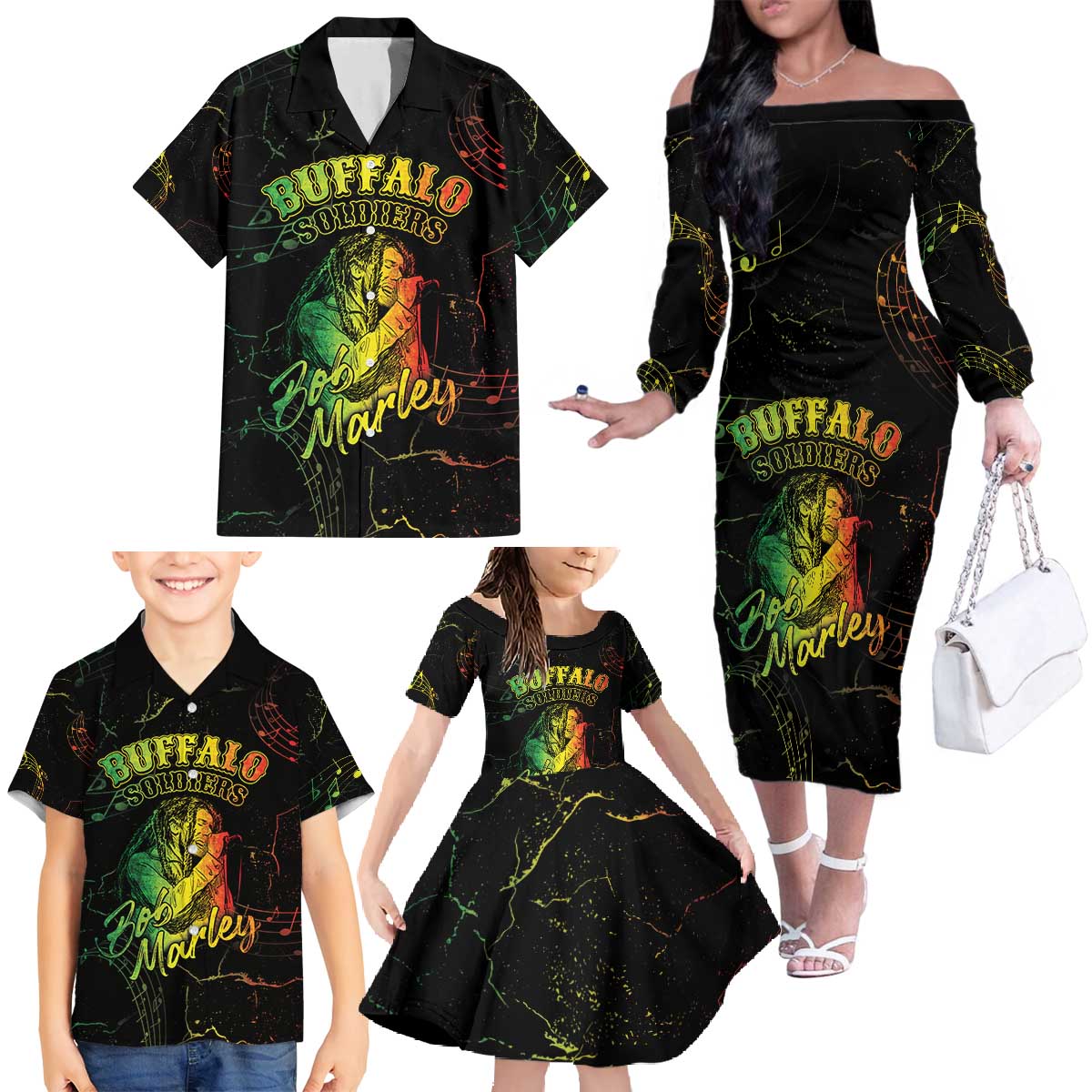 Reggae King Buffalo Soldier Family Matching Off The Shoulder Long Sleeve Dress and Hawaiian Shirt Honoring The Legend