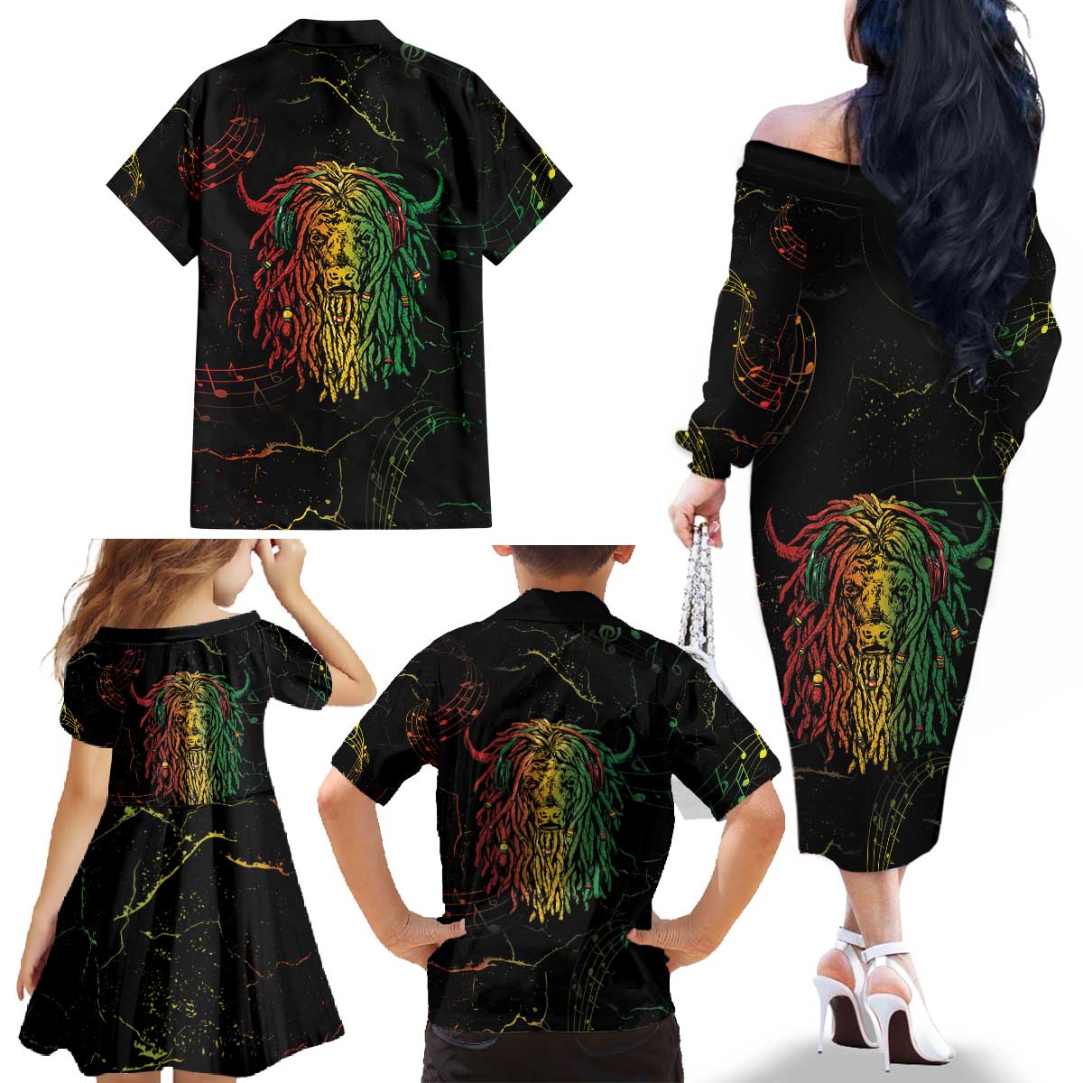 Reggae King Buffalo Soldier Family Matching Off The Shoulder Long Sleeve Dress and Hawaiian Shirt Honoring The Legend