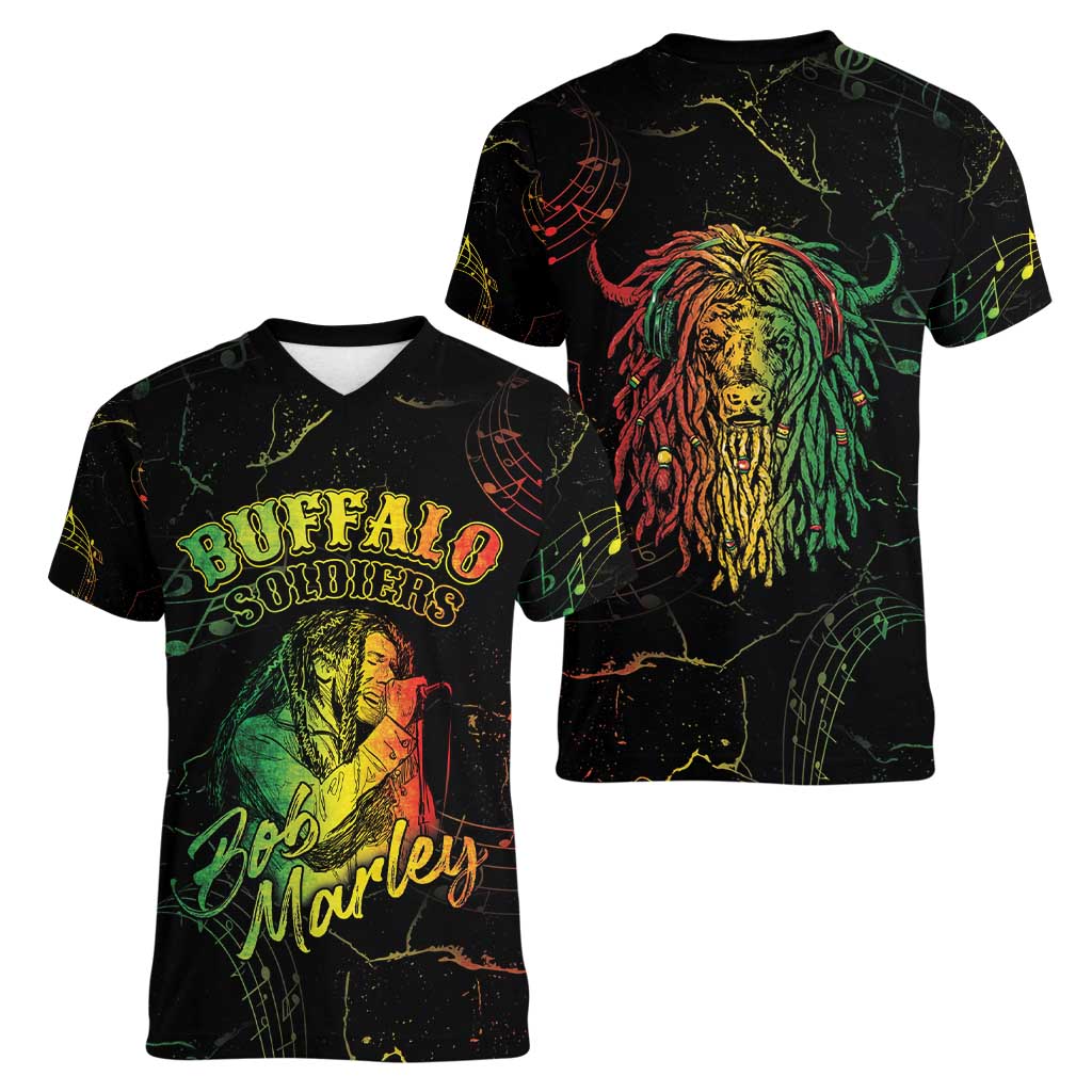 Reggae King Buffalo Soldier Women V-Neck T-Shirt Honoring The Legend LT05 - Wonder Print Shop