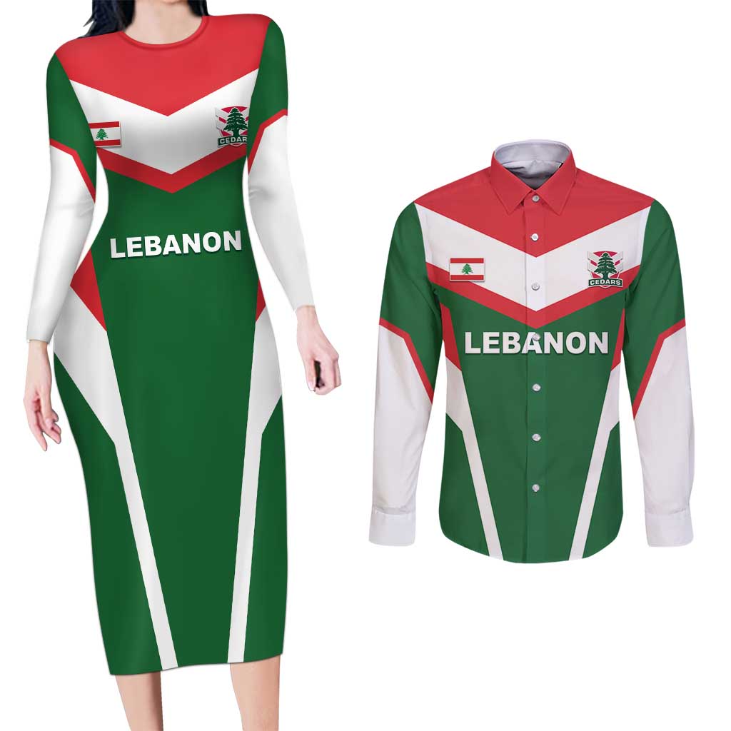 Custom Lebanon Rugby Couples Matching Long Sleeve Bodycon Dress and Long Sleeve Button Shirt Go Champions - Wonder Print Shop
