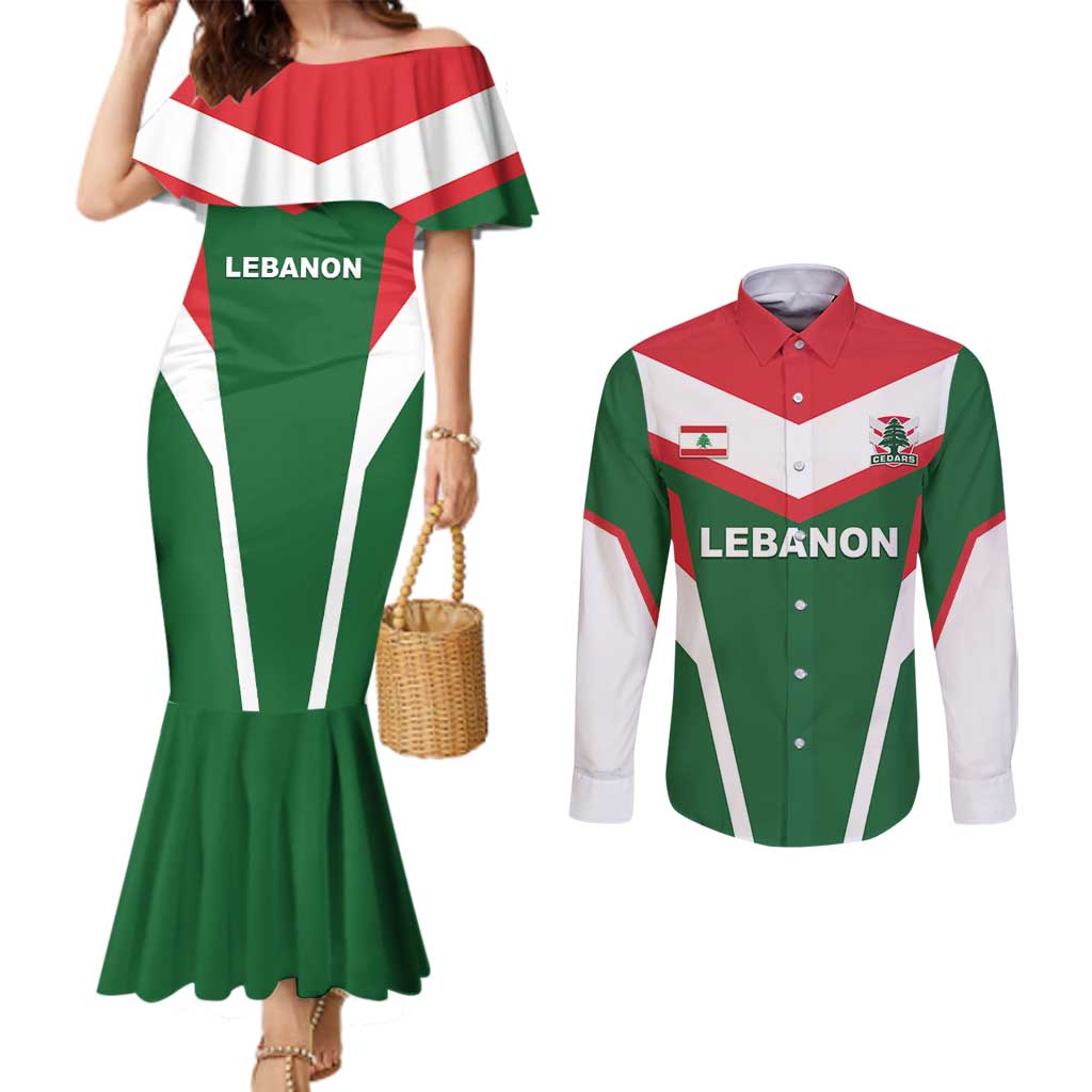 Custom Lebanon Rugby Couples Matching Mermaid Dress and Long Sleeve Button Shirt Go Champions - Wonder Print Shop