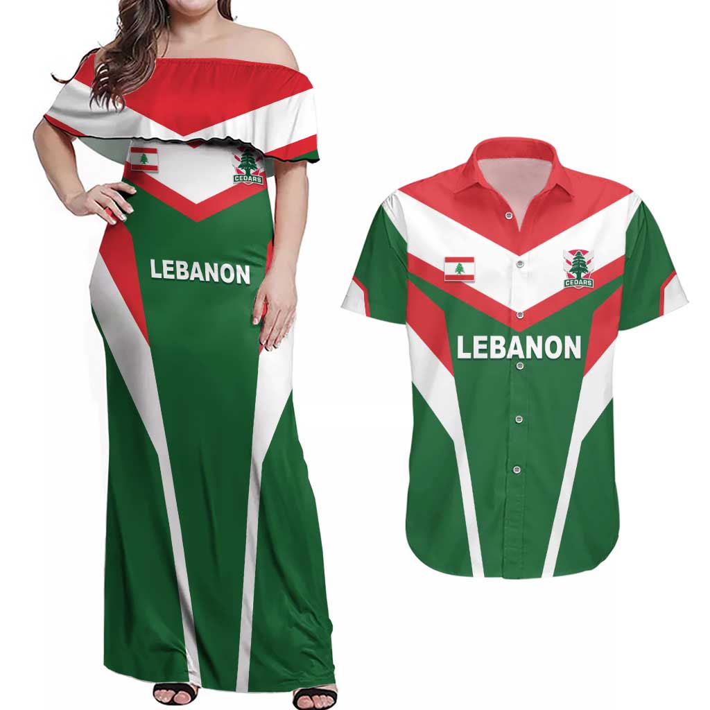 Custom Lebanon Rugby Couples Matching Off Shoulder Maxi Dress and Hawaiian Shirt Go Champions - Wonder Print Shop