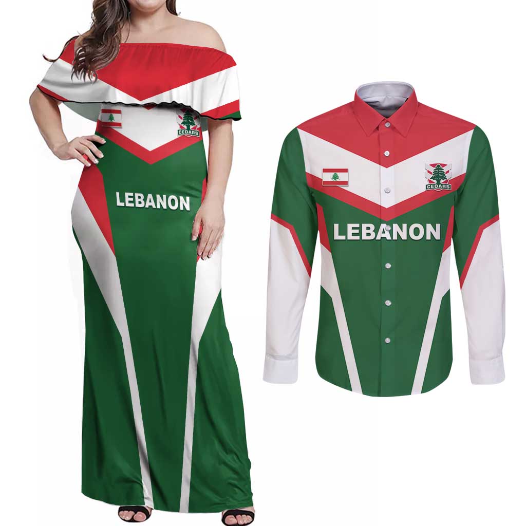 Custom Lebanon Rugby Couples Matching Off Shoulder Maxi Dress and Long Sleeve Button Shirt Go Champions - Wonder Print Shop