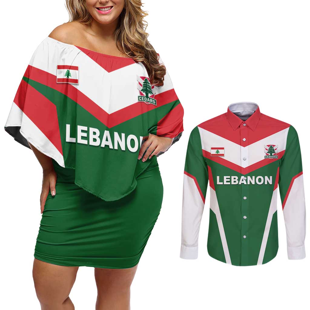 Custom Lebanon Rugby Couples Matching Off Shoulder Short Dress and Long Sleeve Button Shirt Go Champions - Wonder Print Shop
