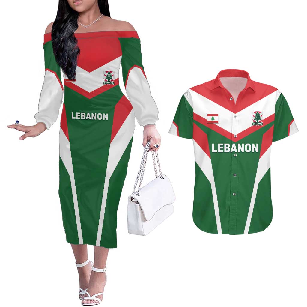 Custom Lebanon Rugby Couples Matching Off The Shoulder Long Sleeve Dress and Hawaiian Shirt Go Champions - Wonder Print Shop