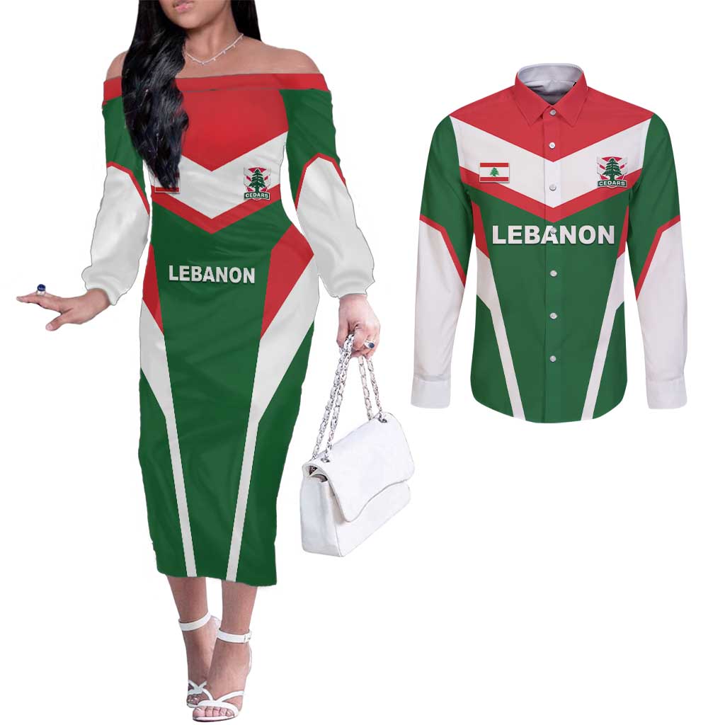 Custom Lebanon Rugby Couples Matching Off The Shoulder Long Sleeve Dress and Long Sleeve Button Shirt Go Champions - Wonder Print Shop