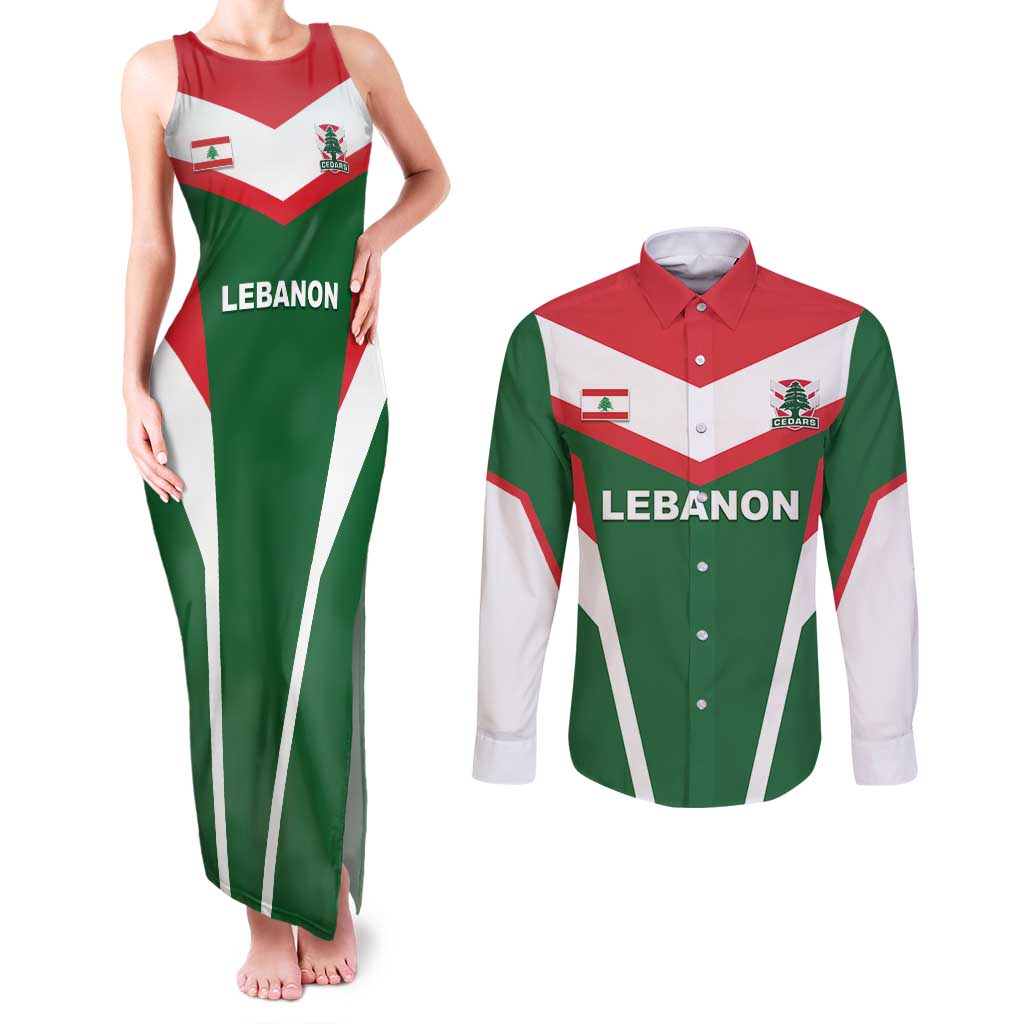 Custom Lebanon Rugby Couples Matching Tank Maxi Dress and Long Sleeve Button Shirt Go Champions - Wonder Print Shop