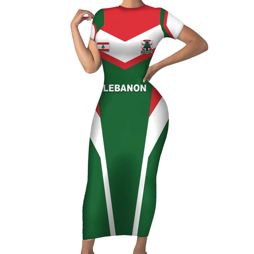 Custom Lebanon Rugby Short Sleeve Bodycon Dress Go Champions - Wonder Print Shop