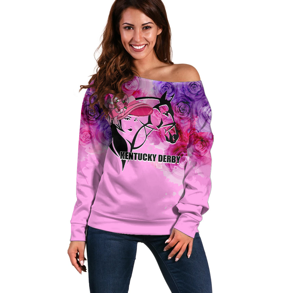 Kentucky Horse Racing Off Shoulder Sweater Derby Girl Pink Style LT6 - Wonder Print Shop
