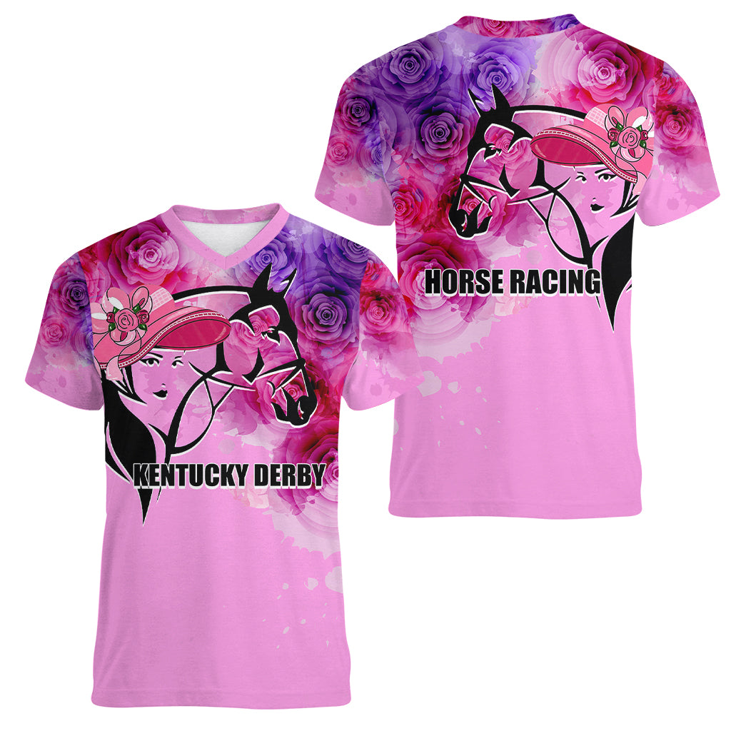 Kentucky Horse Racing Women V Neck T Shirt Derby Girl Pink Style LT6 - Wonder Print Shop