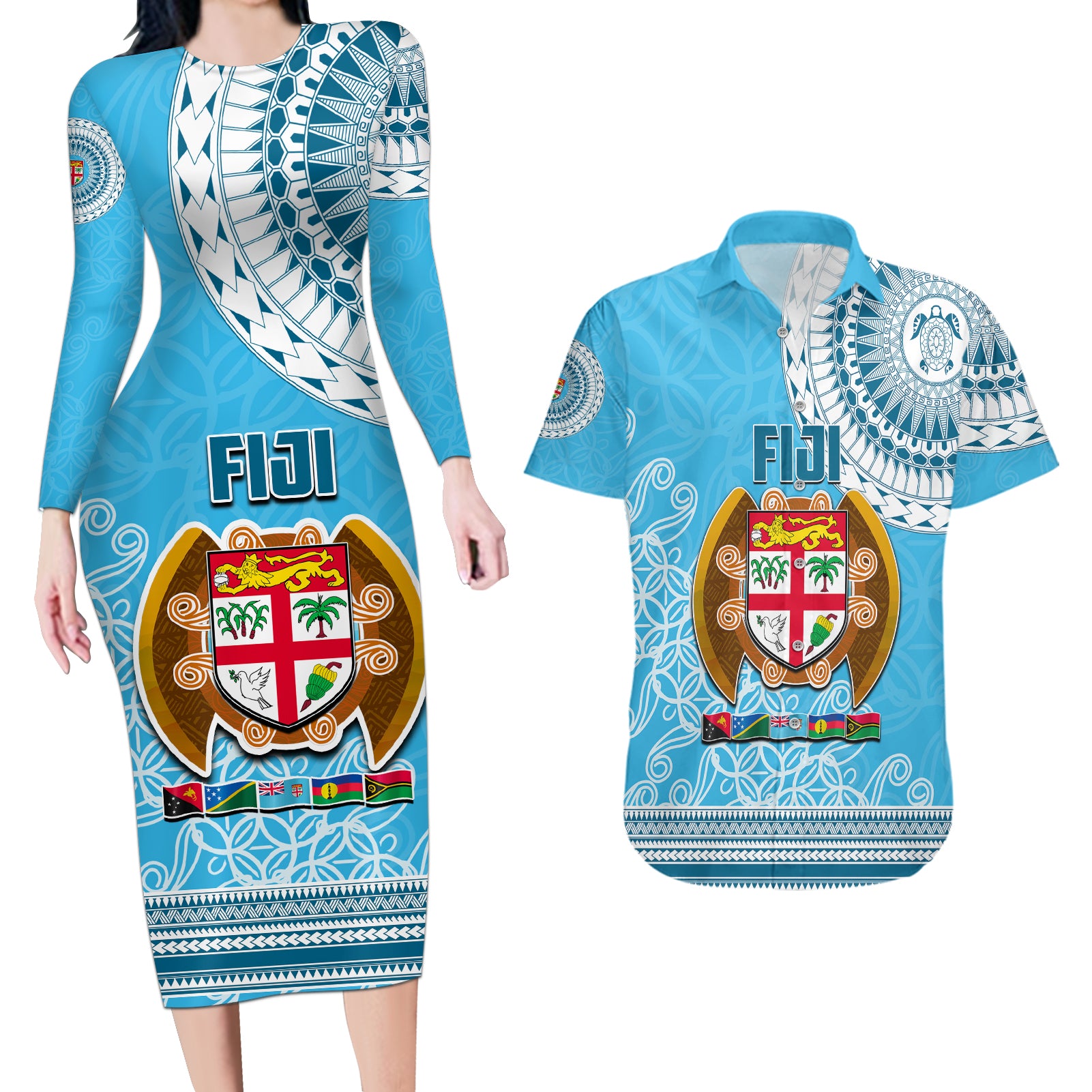 Fiji Couples Matching Long Sleeve Bodycon Dress and Hawaiian Shirt Melanesian Festival 2023 LT6 - Wonder Print Shop