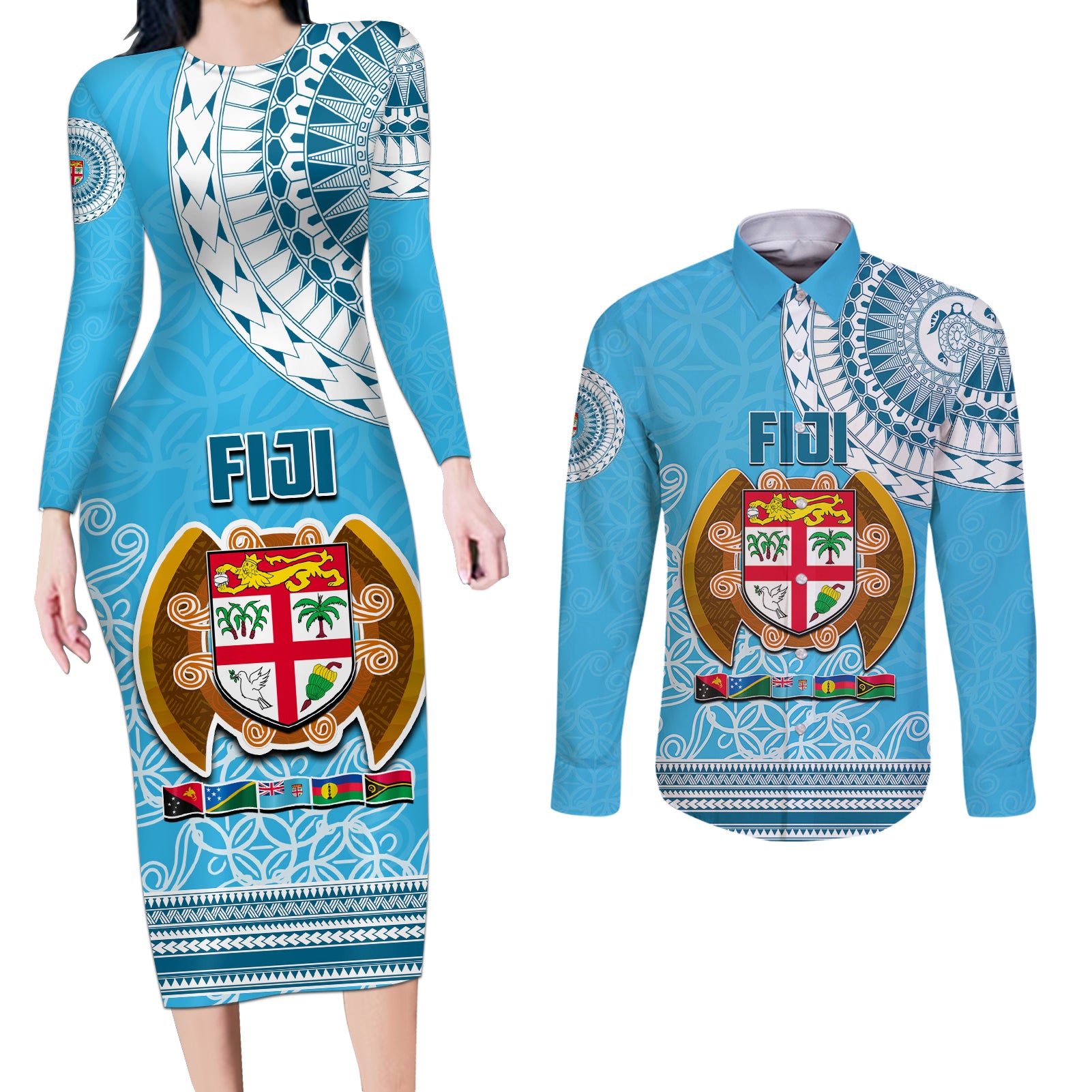 Fiji Couples Matching Long Sleeve Bodycon Dress and Long Sleeve Button Shirts Melanesian Festival 2023 LT6 - Wonder Print Shop