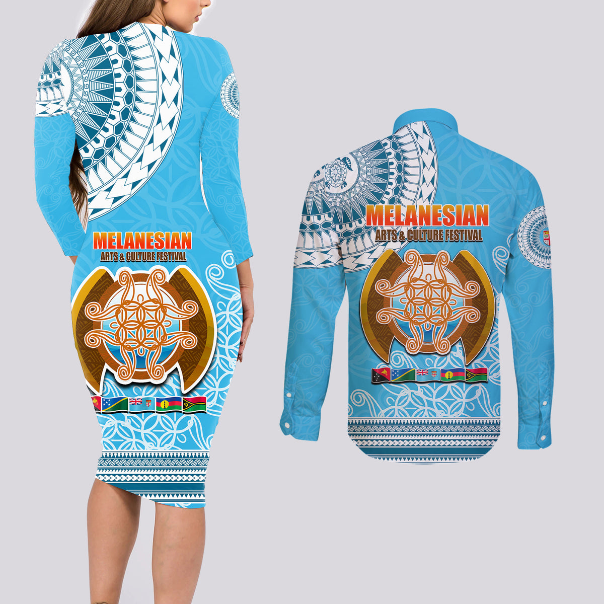 Fiji Couples Matching Long Sleeve Bodycon Dress and Long Sleeve Button Shirts Melanesian Festival 2023 LT6 - Wonder Print Shop