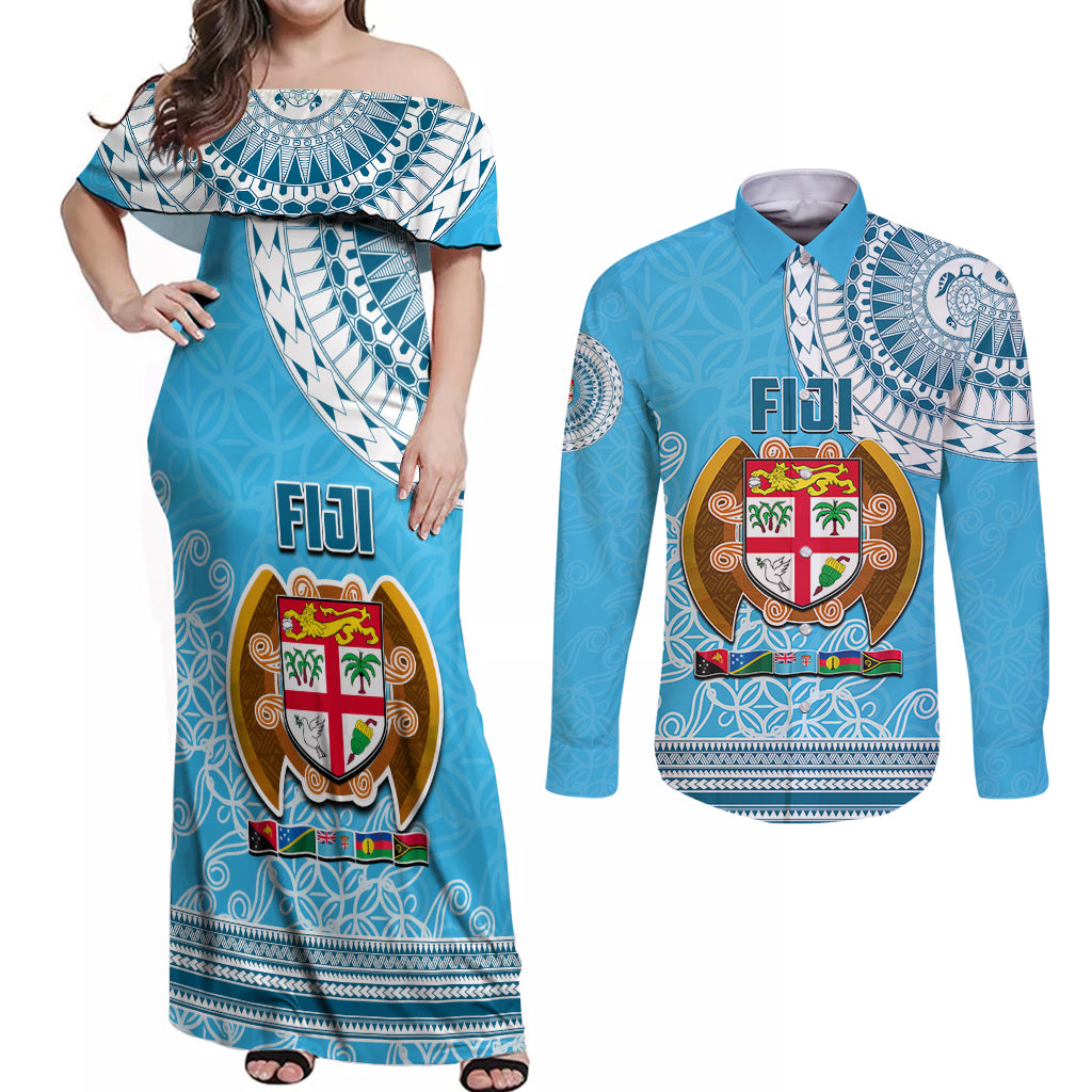 Fiji Couples Matching Off Shoulder Maxi Dress and Long Sleeve Button Shirts Melanesian Festival 2023 LT6 - Wonder Print Shop