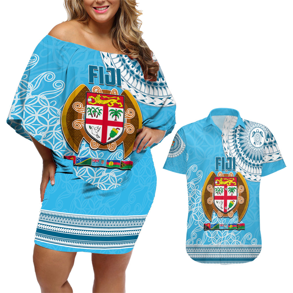 Fiji Couples Matching Off Shoulder Short Dress and Hawaiian Shirt Melanesian Festival 2023 LT6 - Wonder Print Shop