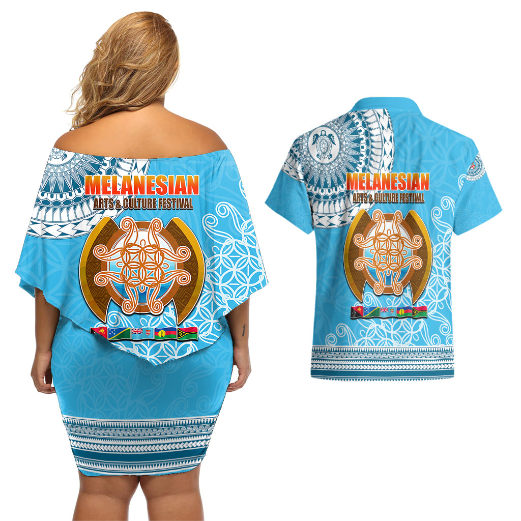 Fiji Couples Matching Off Shoulder Short Dress and Hawaiian Shirt Melanesian Festival 2023 LT6 - Wonder Print Shop
