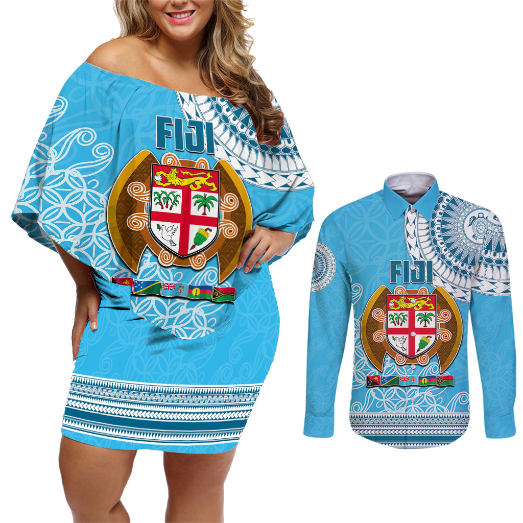 Fiji Couples Matching Off Shoulder Short Dress and Long Sleeve Button Shirts Melanesian Festival 2023 LT6 - Wonder Print Shop