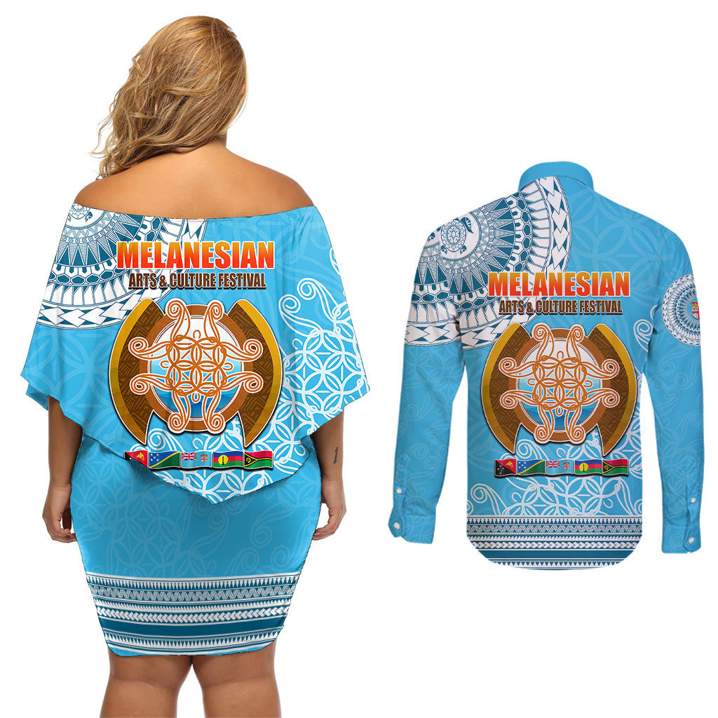 Fiji Couples Matching Off Shoulder Short Dress and Long Sleeve Button Shirts Melanesian Festival 2023 LT6 - Wonder Print Shop