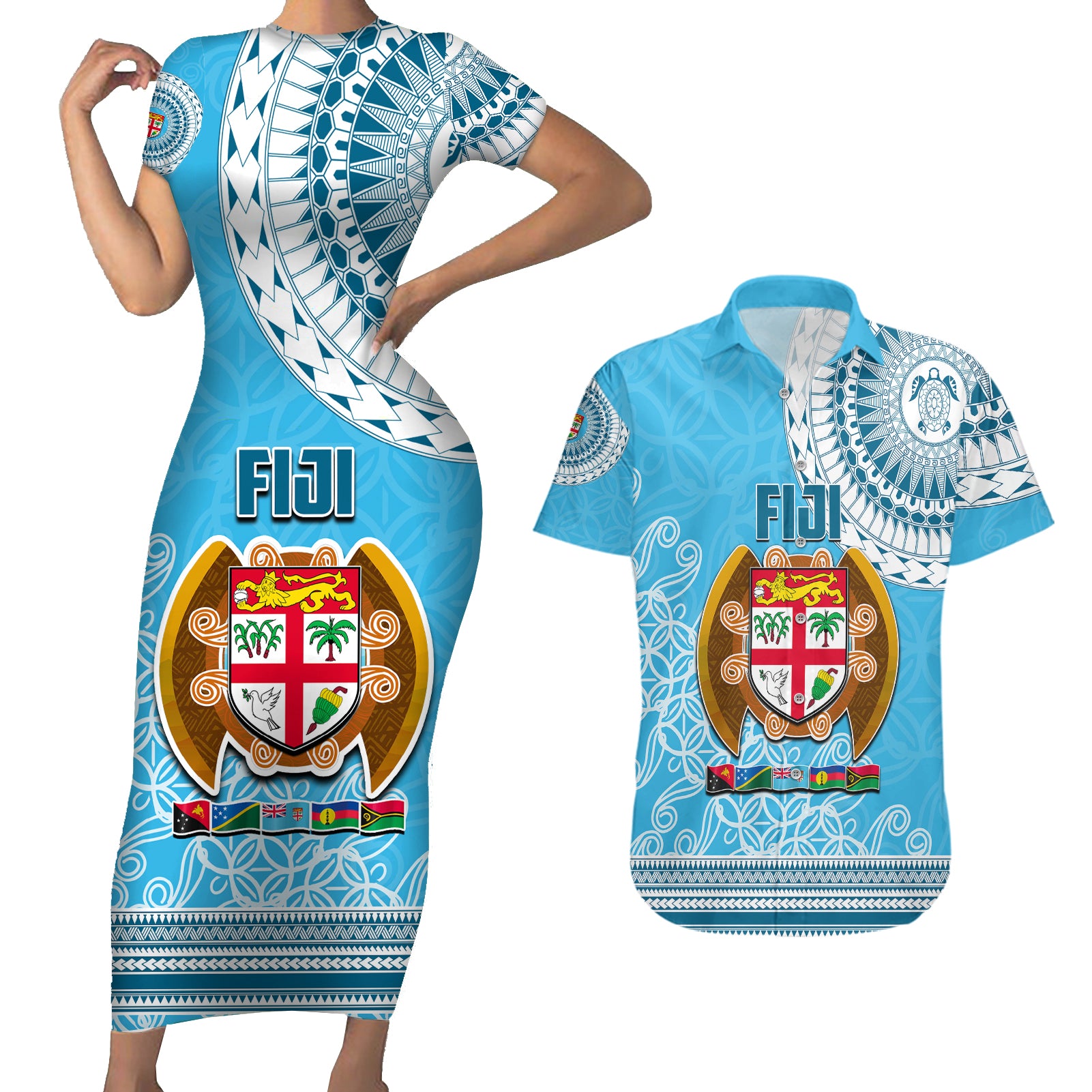 Fiji Couples Matching Short Sleeve Bodycon Dress and Hawaiian Shirt Melanesian Festival 2023 LT6 - Wonder Print Shop