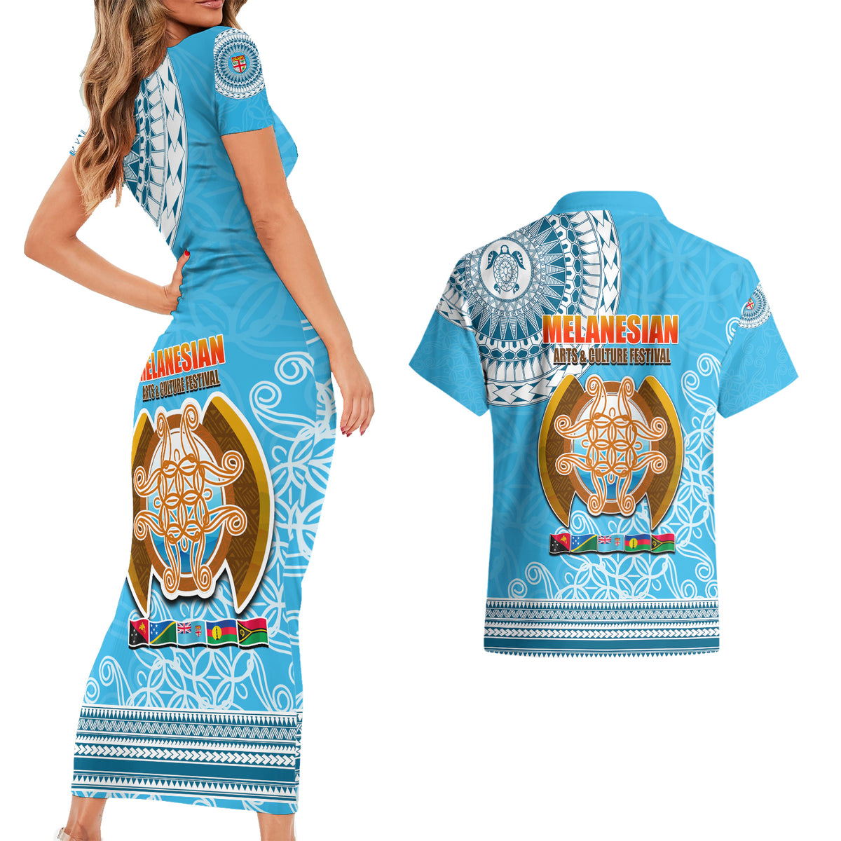 Fiji Couples Matching Short Sleeve Bodycon Dress and Hawaiian Shirt Melanesian Festival 2023 LT6 - Wonder Print Shop