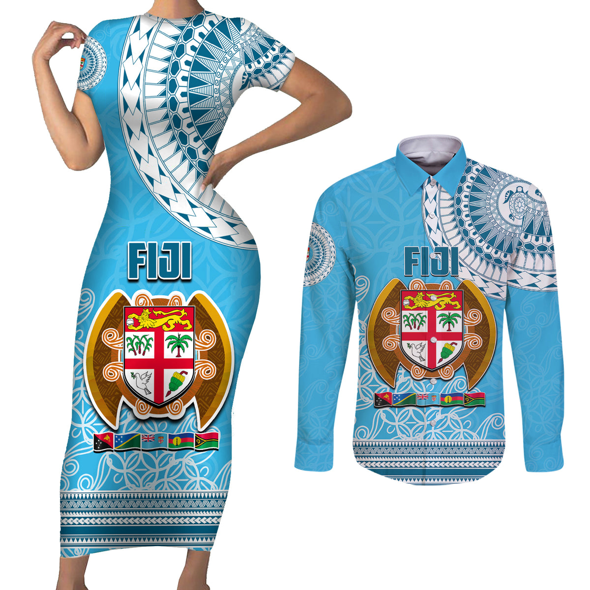 Fiji Couples Matching Short Sleeve Bodycon Dress and Long Sleeve Button Shirts Melanesian Festival 2023 LT6 - Wonder Print Shop