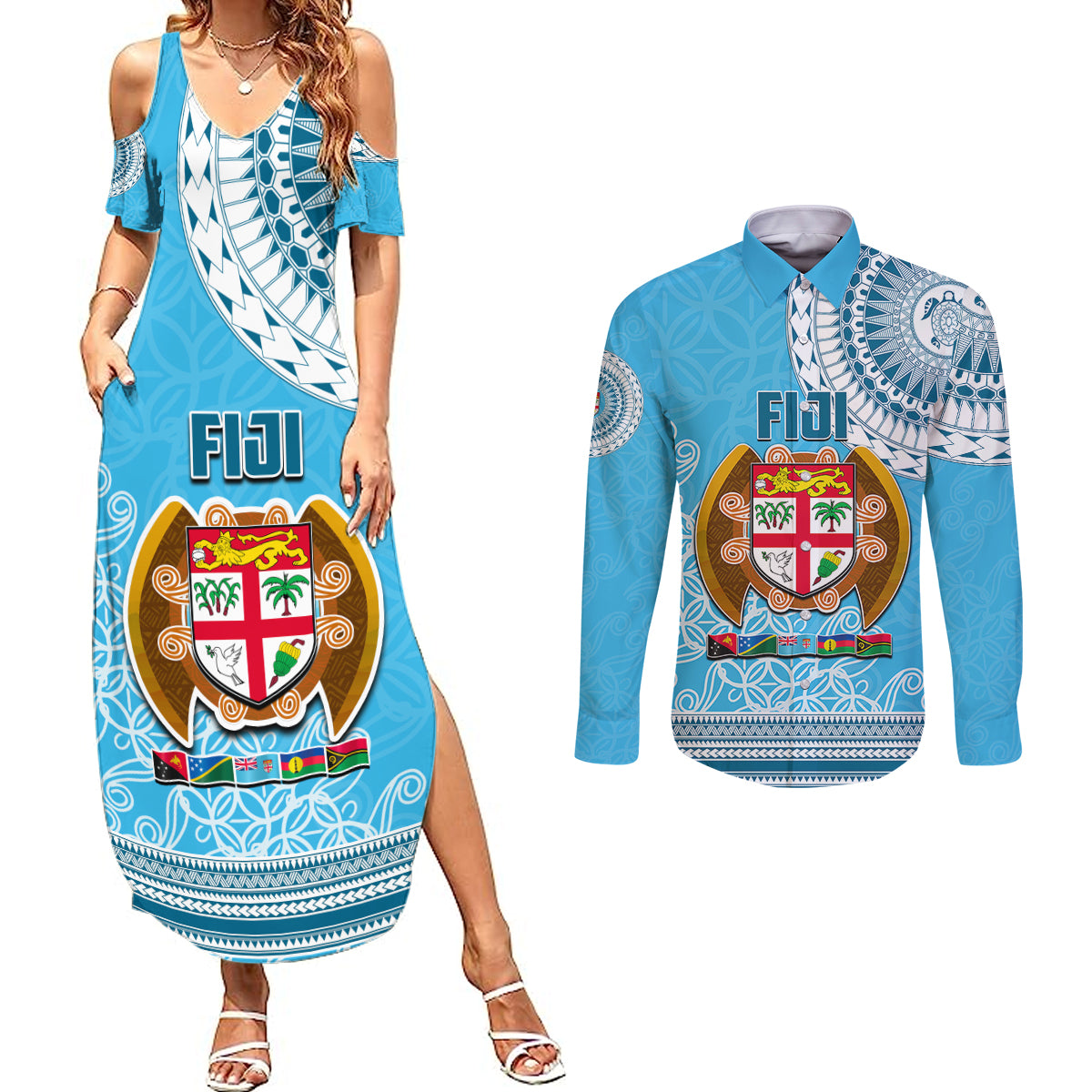 Fiji Couples Matching Summer Maxi Dress and Long Sleeve Button Shirts Melanesian Festival 2023 LT6 - Wonder Print Shop