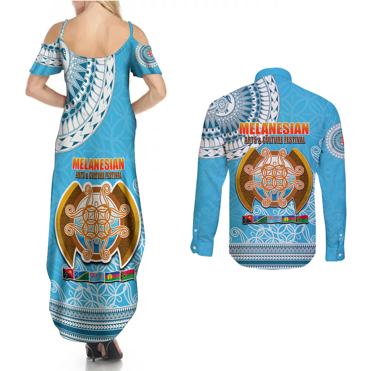 Fiji Couples Matching Summer Maxi Dress and Long Sleeve Button Shirts Melanesian Festival 2023 LT6 - Wonder Print Shop