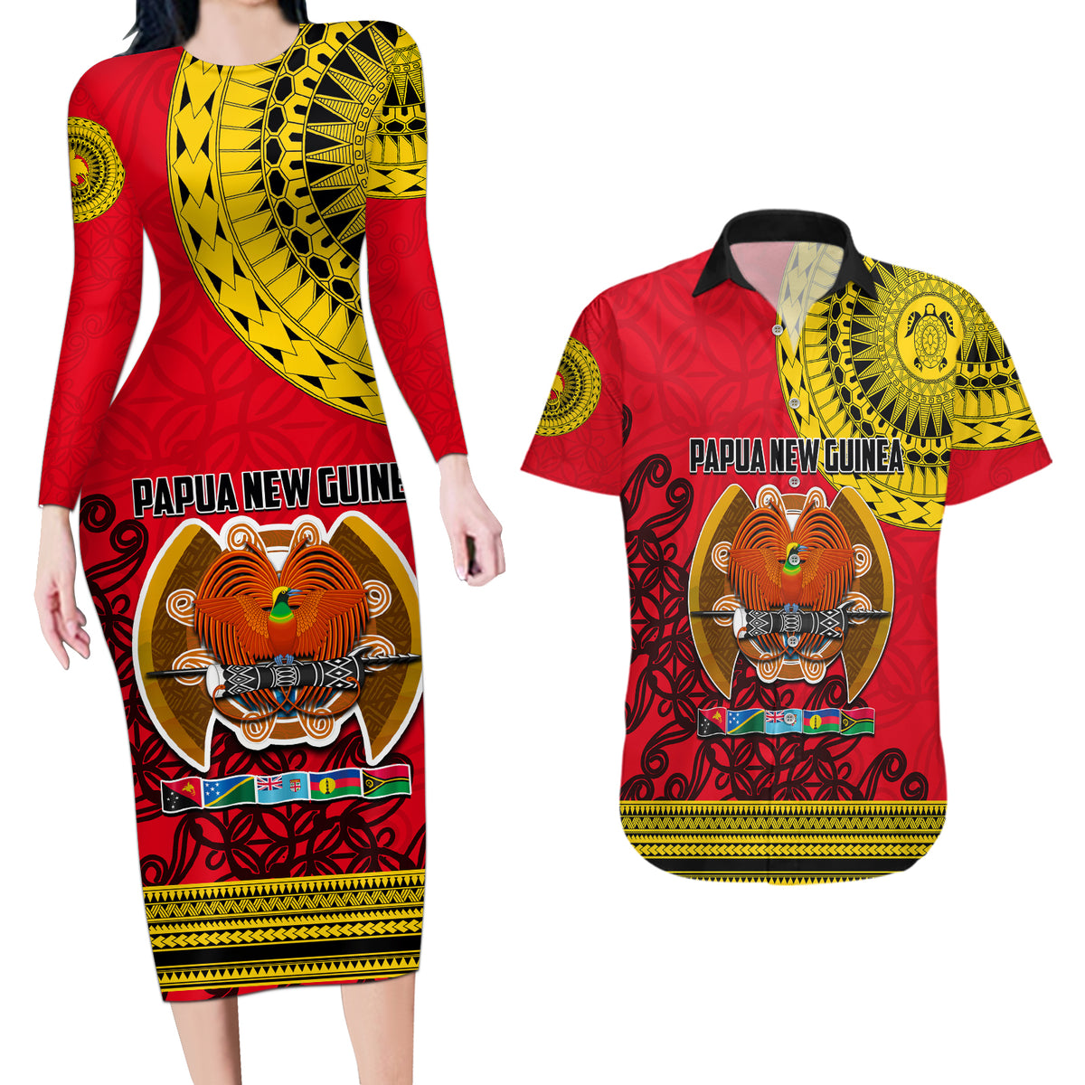 Papua New Guinea Couples Matching Long Sleeve Bodycon Dress and Hawaiian Shirt Melanesian Festival 2023 LT6 - Wonder Print Shop