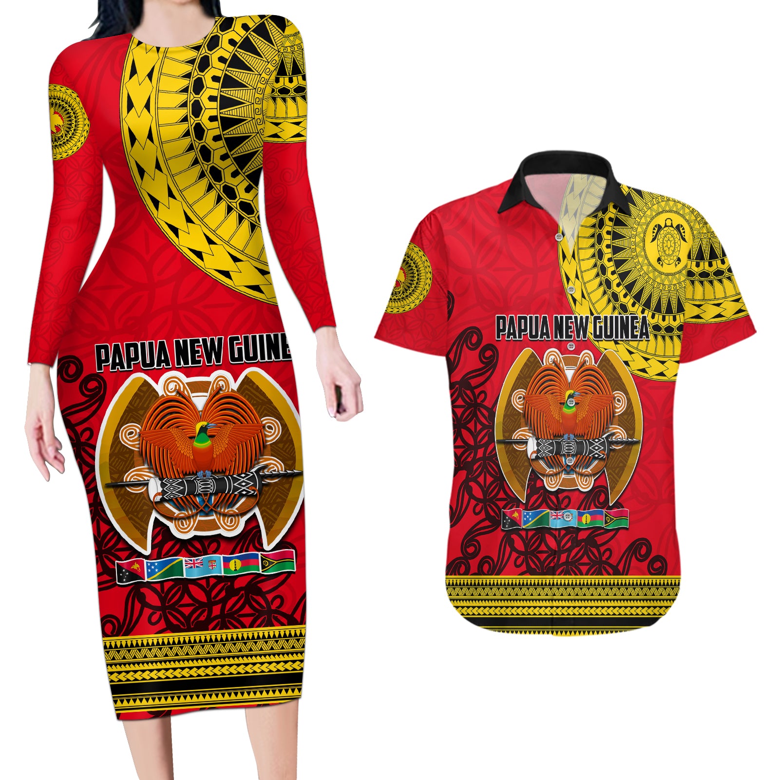 Papua New Guinea Couples Matching Long Sleeve Bodycon Dress and Hawaiian Shirt Melanesian Festival 2023 LT6 - Wonder Print Shop