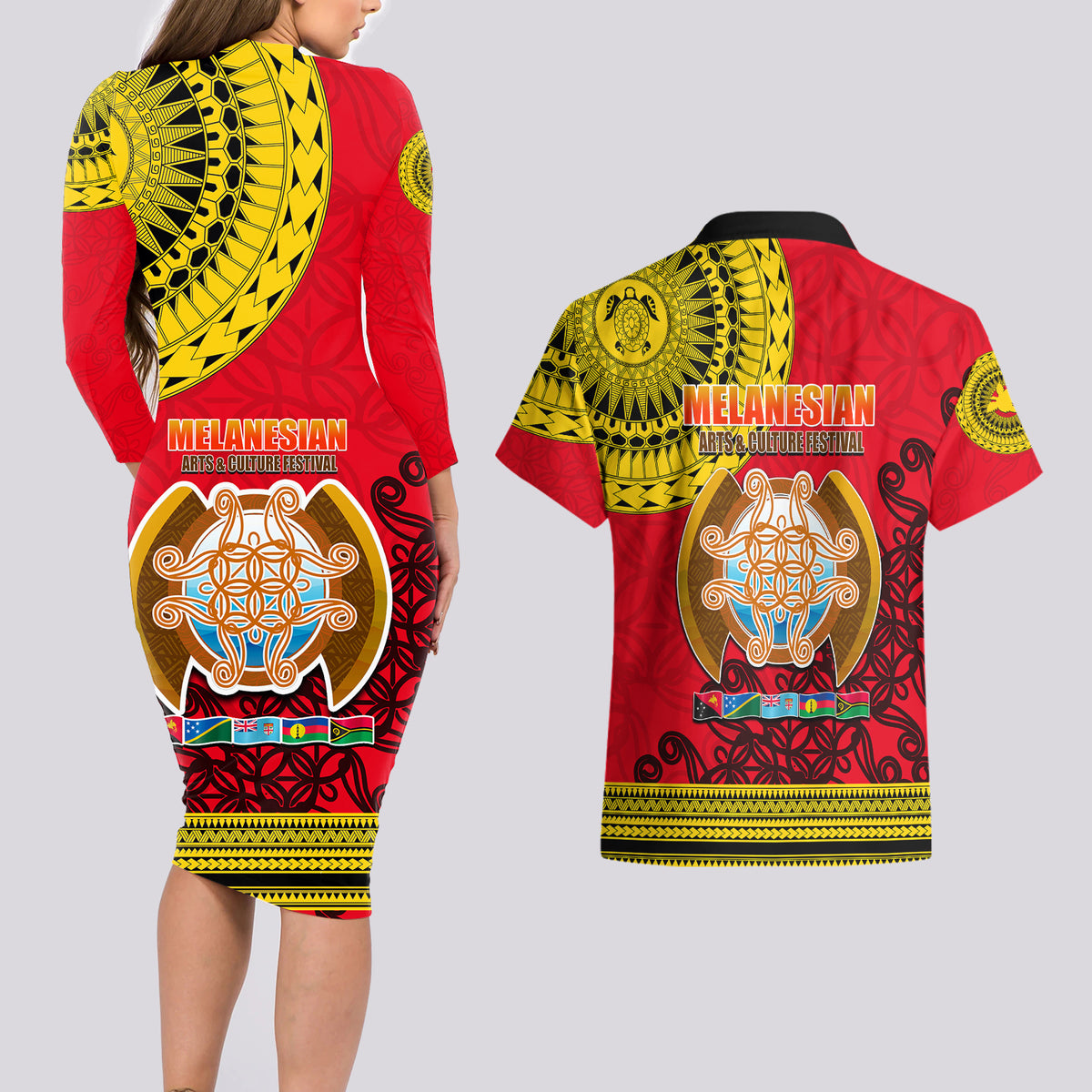 Papua New Guinea Couples Matching Long Sleeve Bodycon Dress and Hawaiian Shirt Melanesian Festival 2023 LT6 - Wonder Print Shop