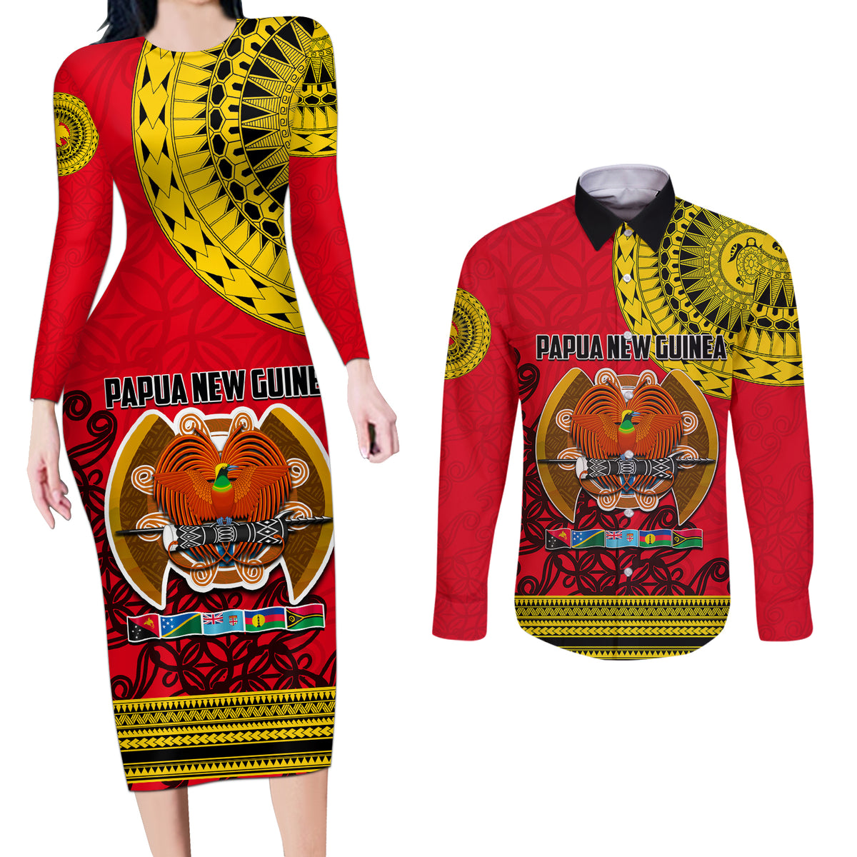 Papua New Guinea Couples Matching Long Sleeve Bodycon Dress and Long Sleeve Button Shirts Melanesian Festival 2023 LT6 - Wonder Print Shop