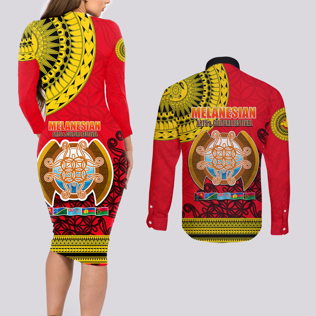 Papua New Guinea Couples Matching Long Sleeve Bodycon Dress and Long Sleeve Button Shirts Melanesian Festival 2023 LT6 - Wonder Print Shop
