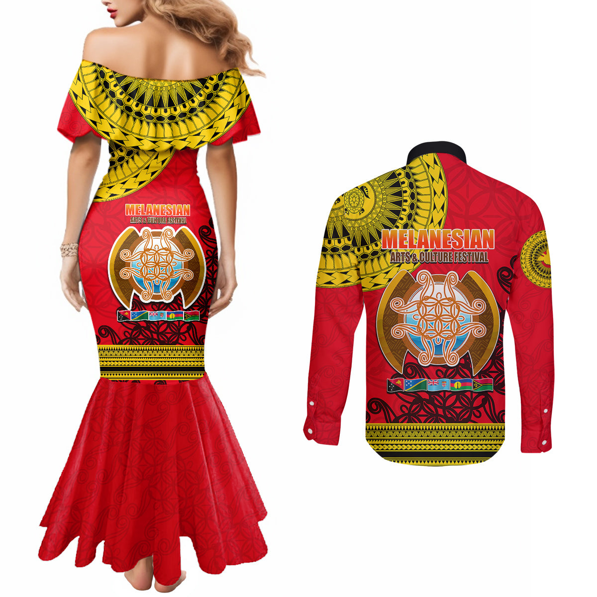papua-new-guinea-couples-matching-mermaid-dress-and-long-sleeve-button-shirts-melanesian-festival-2023